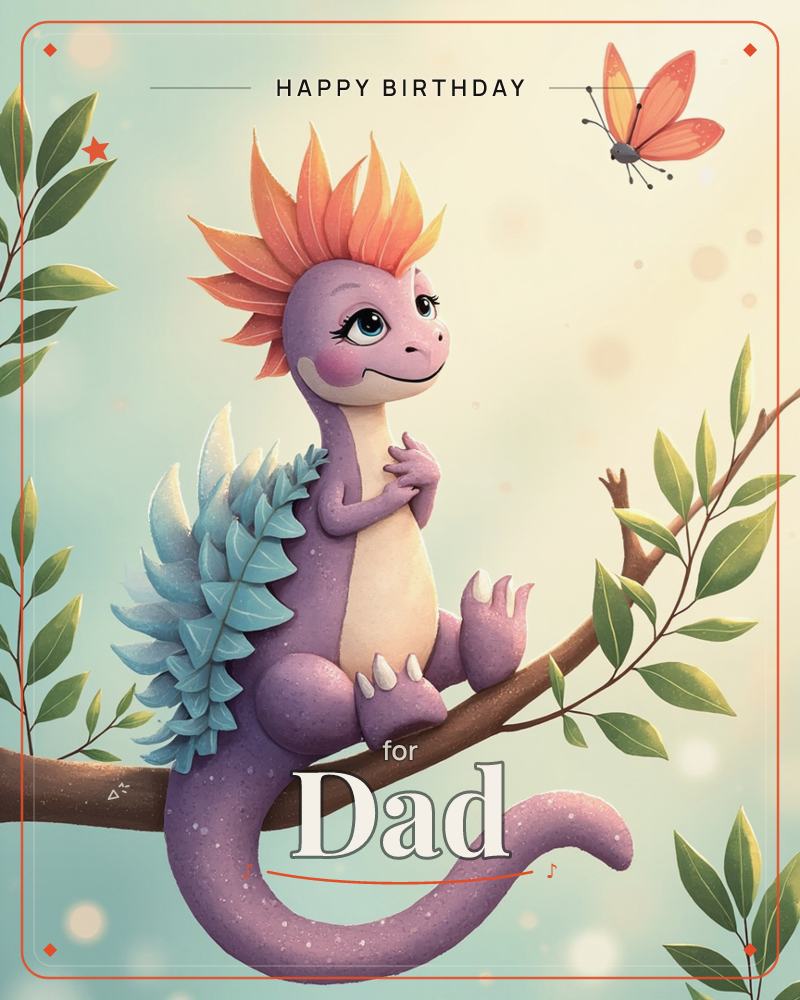 A small purple dragon-dinosaur with a fiery orange mane and pale blue spiky fins perches on a leafy branch, clasping its paws together as it gazes up…, a birthday e-card design