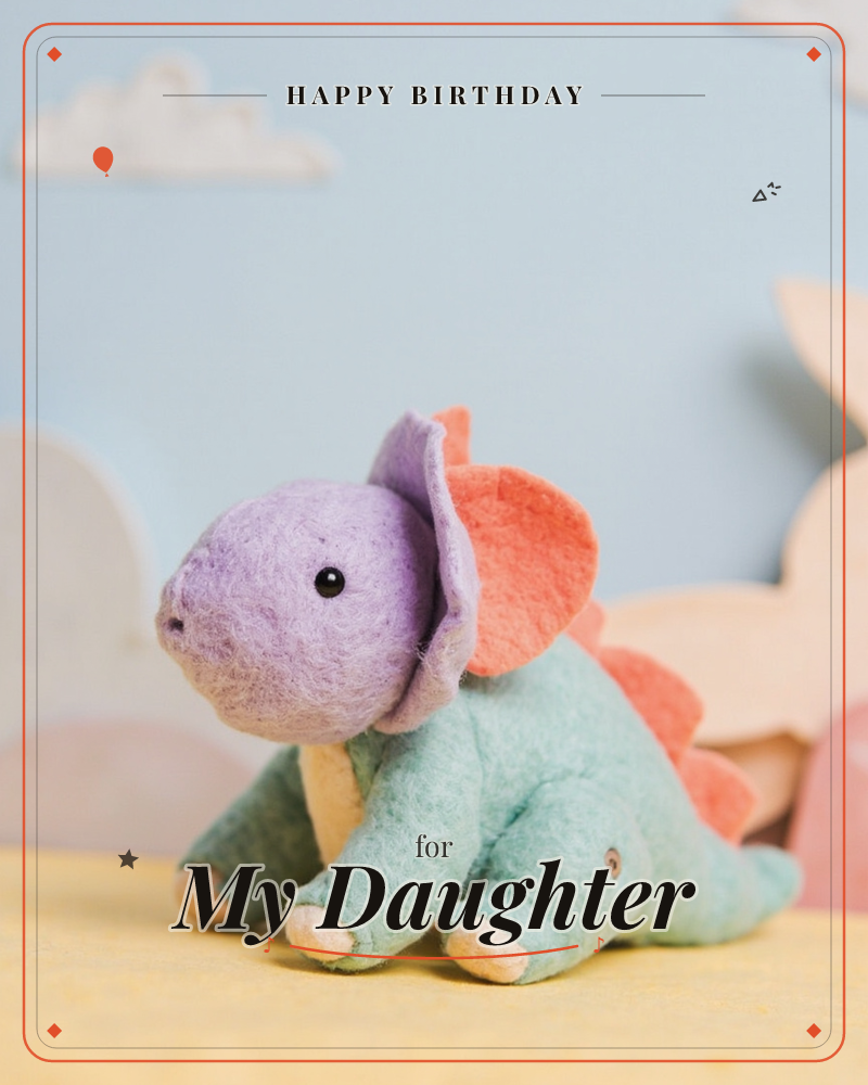 A felted stegosaurus toy sits against a pale blue sky backdrop with paper clouds and soft cut-out shapes in the background, a birthday e-card design
