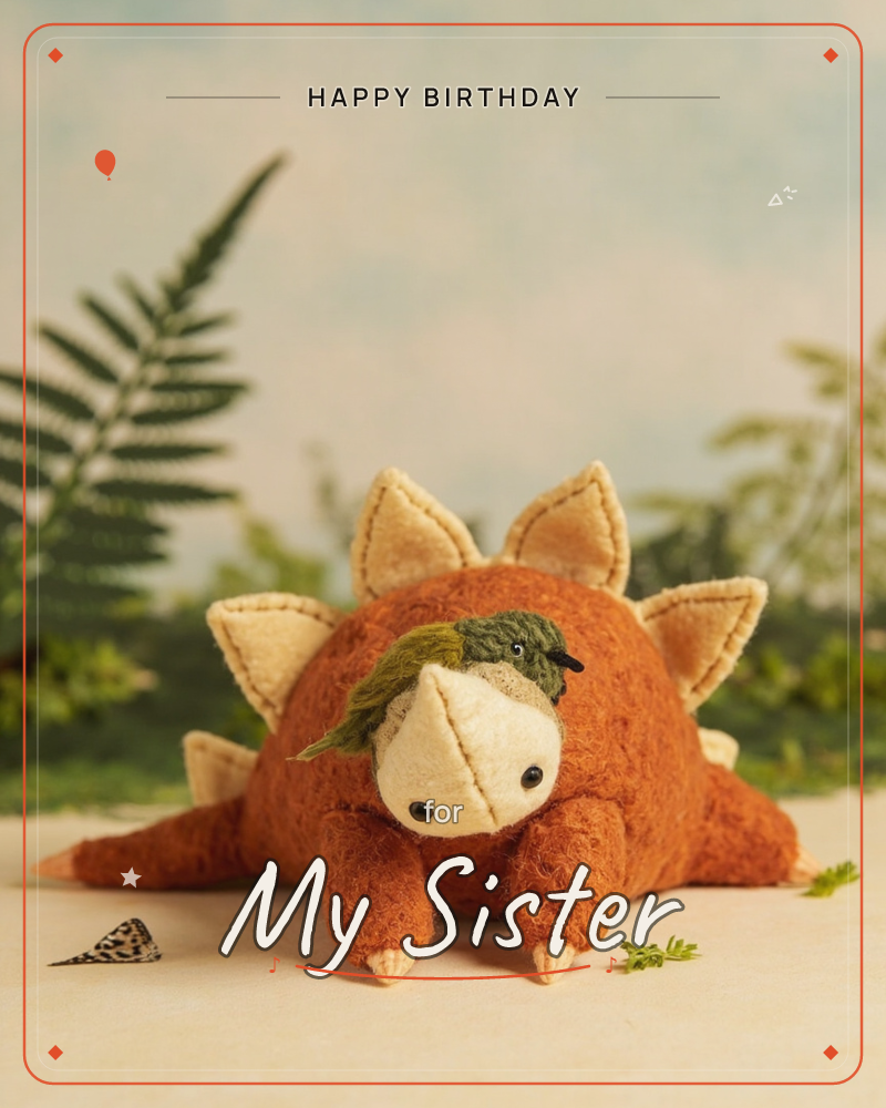 A felt stegosaurus toy with cream triangular back plates crouches low among ferns, a tiny embroidered bird perched right on top of its head, a birthday e-card design
