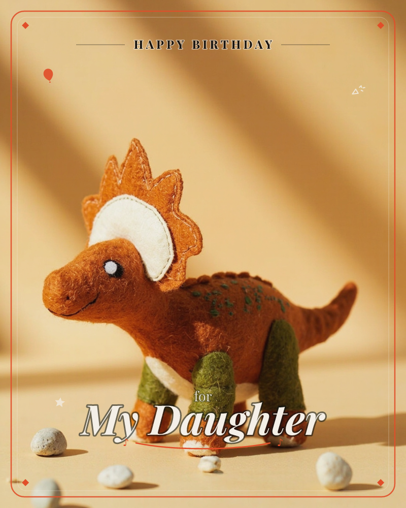 A felt dinosaur toy stands on a warm apricot surface, its rust-orange body and olive-green legs stitched with careful detail, a cream-edged frill…, a birthday e-card design