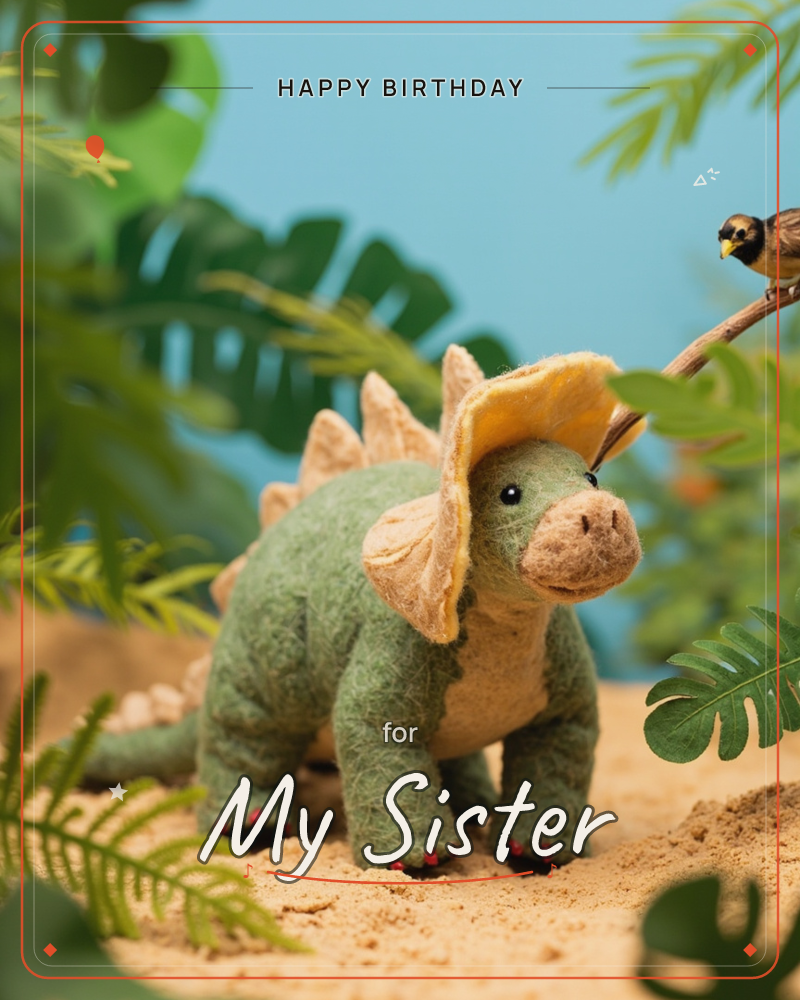 A plush stegosaurus toy with felt spines and a soft mustard-yellow underbelly stands on a sandy patch, surrounded by tropical leaves against a plain…, a birthday e-card design