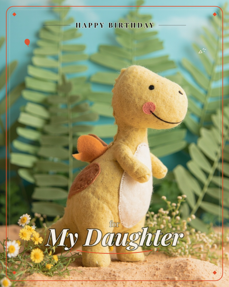 A handmade felt dinosaur toy stands on a sandy mound against a backdrop of paper fern leaves and a soft turquoise sky, a birthday e-card design