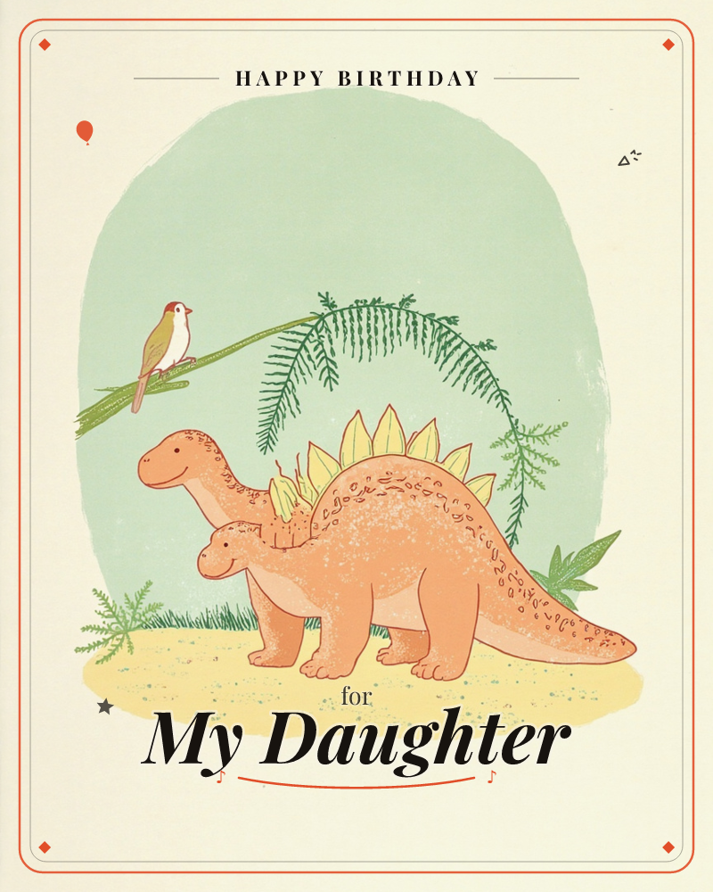 An orange stegosaurus with a row of soft yellow back-plates stands beside a smaller matching dinosaur, a stand-in for a young one, on sandy ground…, a birthday e-card design
