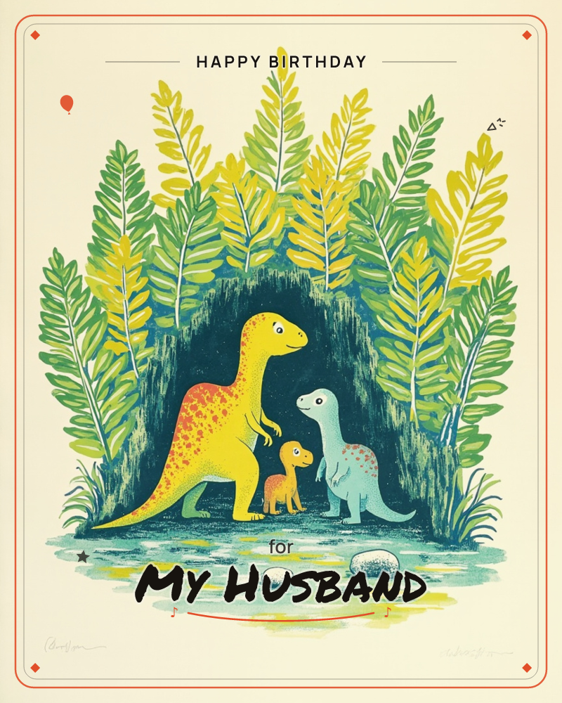 A yellow dinosaur with orange spots stands beside two smaller dinosaurs, a tiny orange one and a pale teal one, sheltered in a cave-like clearing…, a birthday e-card design