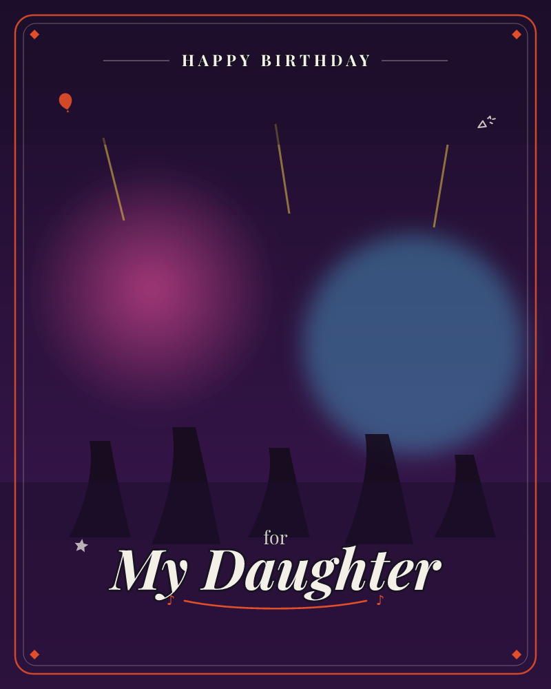 A deep purple night sky glows with two soft orbs of light, one magenta and one blue, hovering above a row of dark trapezoid shapes like a distant…, a birthday e-card design by @DittyCityTeam