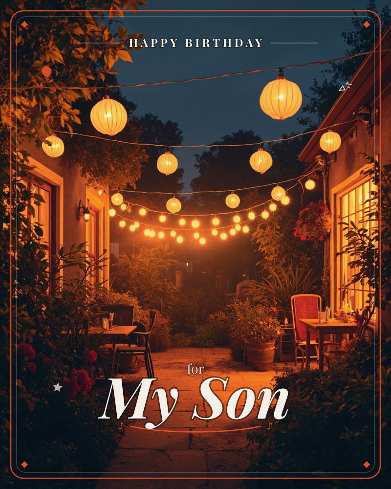 A narrow courtyard glows at dusk, strung with paper lanterns and fairy lights swaying between two buildings, a birthday e-card design