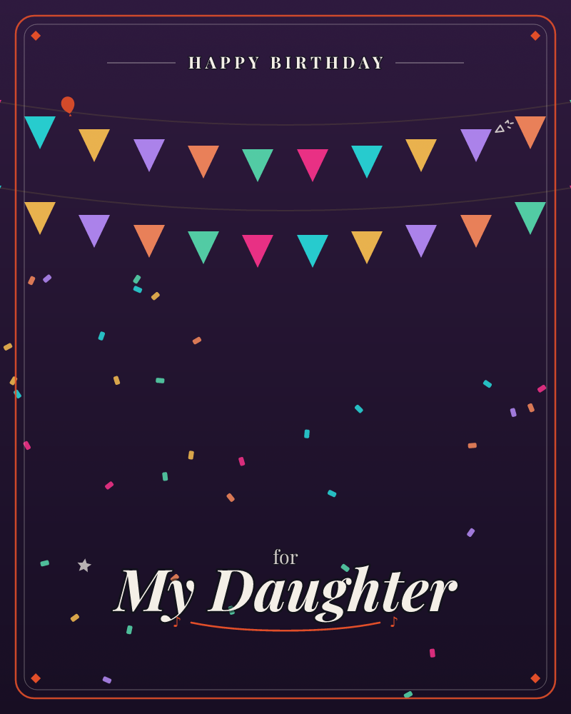 Two rows of triangular bunting stretch across a deep purple night backdrop, flags in teal, gold, coral, pink and violet strung on thin lines, a birthday e-card design by @DittyCityTeam