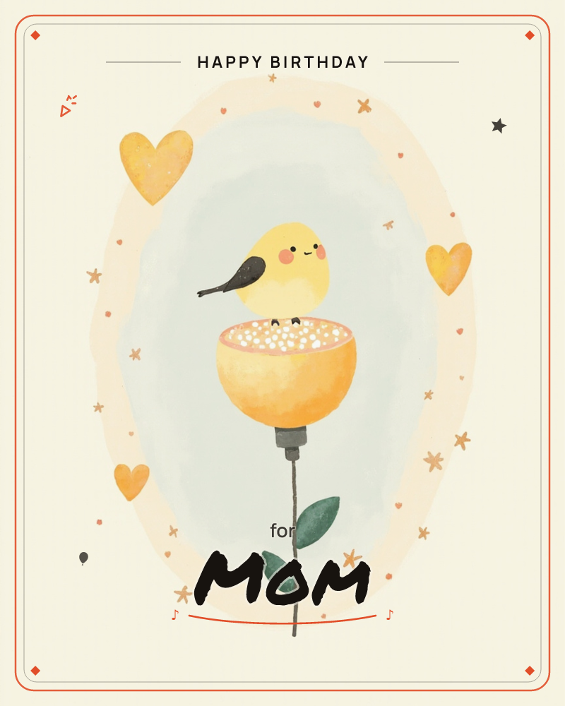 A round-cheeked yellow bird with rosy blushed cheeks perches inside a flower-shaped feeder cup, its long black beak dipped into a scattering of little…, a birthday e-card design
