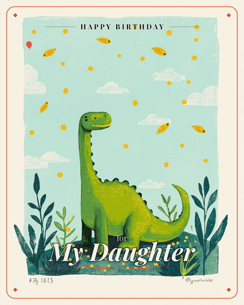 A cheerful green long-necked dinosaur stands among dark teal leaves and grasses, smiling up at a mint-blue sky filled with drifting orange leaves…, a birthday e-card design