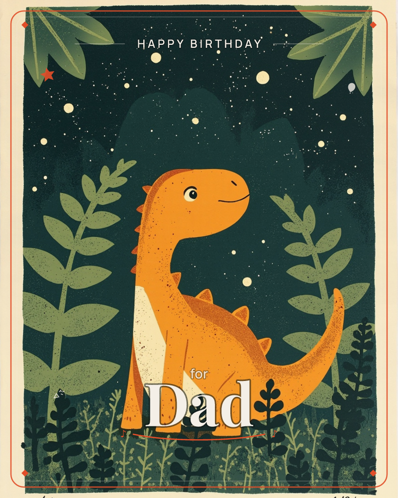 A friendly orange dinosaur with a cream belly sits smiling among fern fronds and leafy plants under a starry night sky, a birthday e-card design