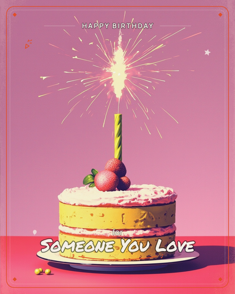 A yellow layer cake topped with pink frosting and a cluster of berries sits on a plain plate, a single striped candle throwing off a brilliant sparkler…, a birthday e-card design
