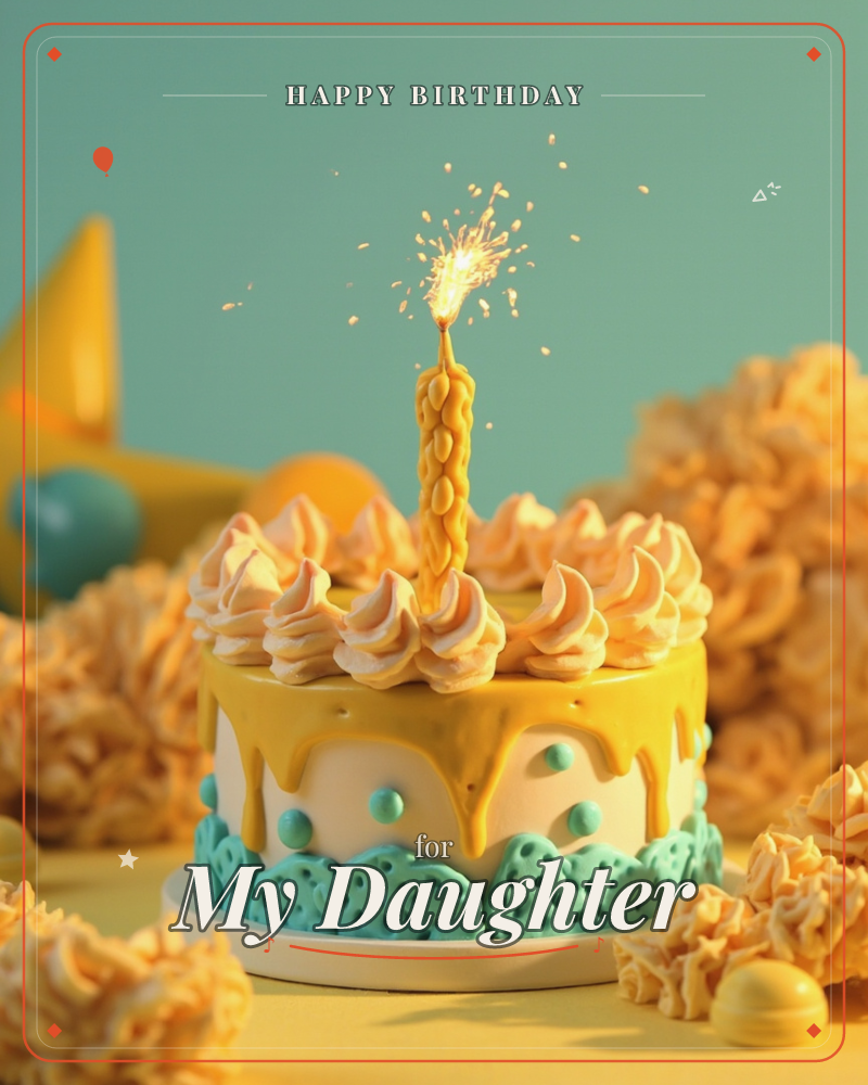 A small round cake with dripping yellow icing and mint-green polka-dot trim sits on a yellow tabletop against a teal-blue backdrop, a single sparkler…, a birthday e-card design