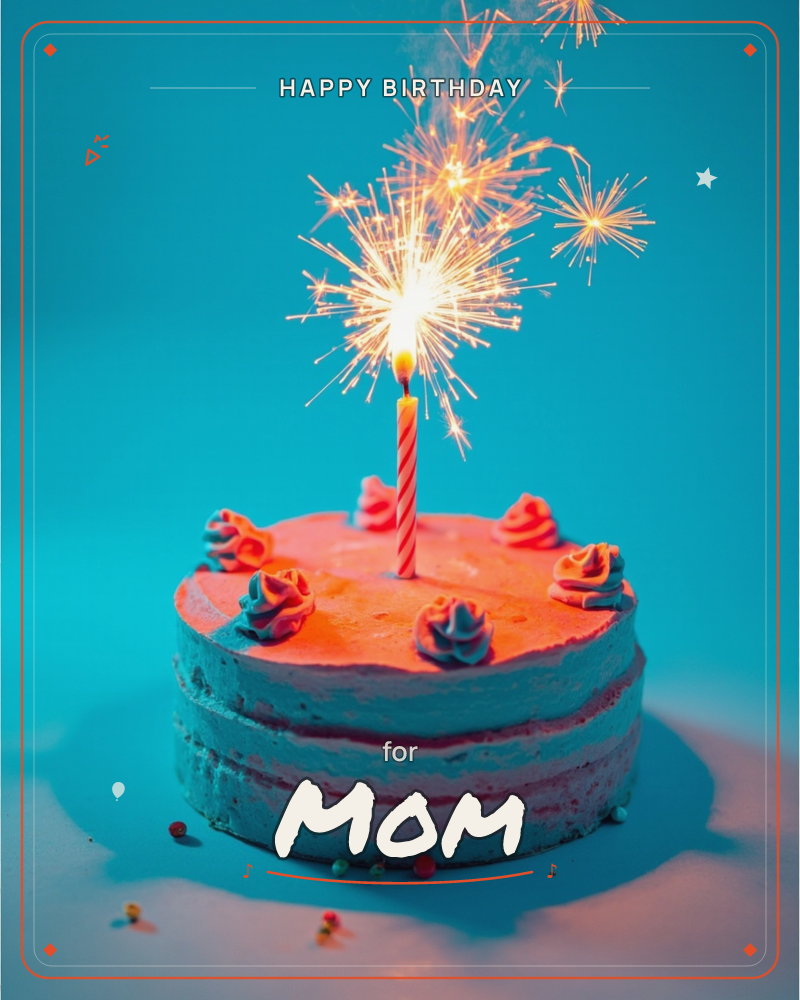 A single frosted layer cake sits against a bold teal background, its pink-orange icing swirled with rosettes, one striped candle lit and throwing off a…, a birthday e-card design
