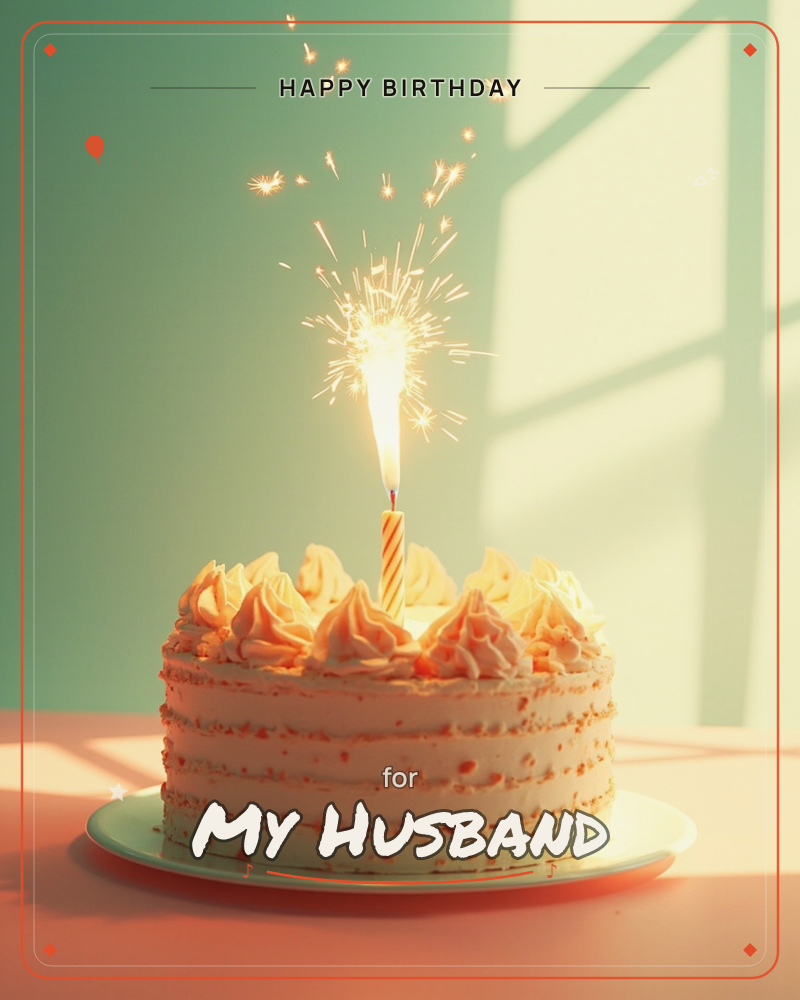 A single-tier layer cake with piped buttercream swirls sits on a pale plate, one striped candle topped with a bright sparkler throwing off a shower of…, a birthday e-card design