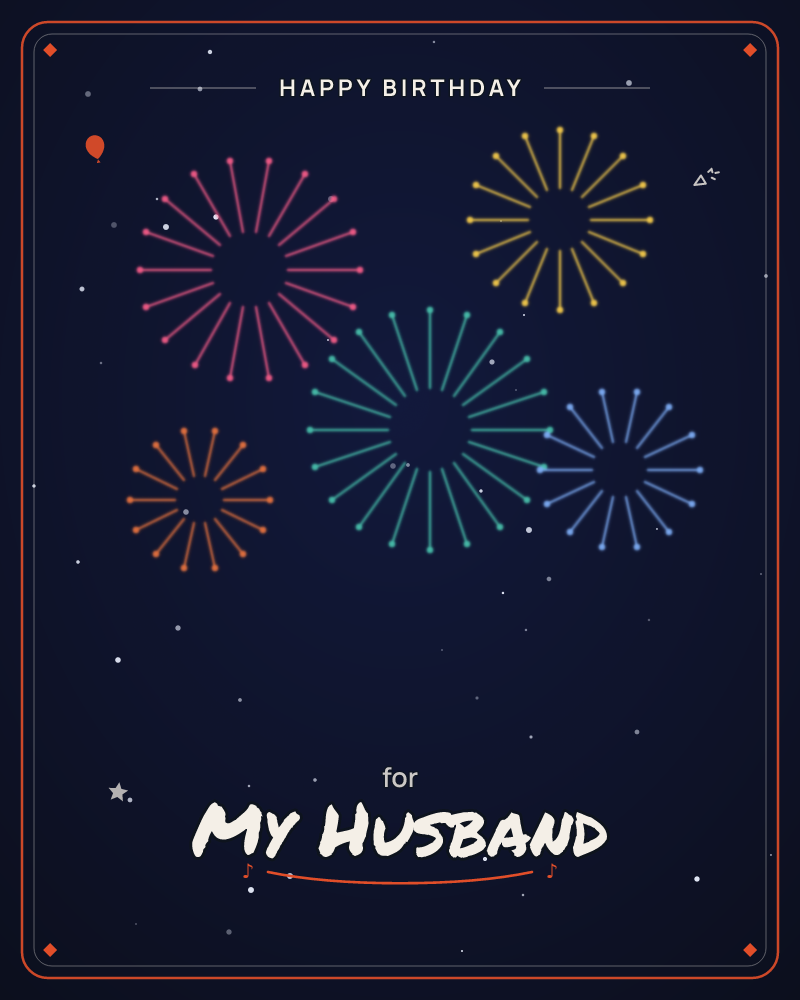 A deep navy night sky glows with scattered stars and five bursts of fireworks in pink, gold, teal, orange, and blue, each rendered as simple radiating…, a birthday e-card design by @DittyCityTeam