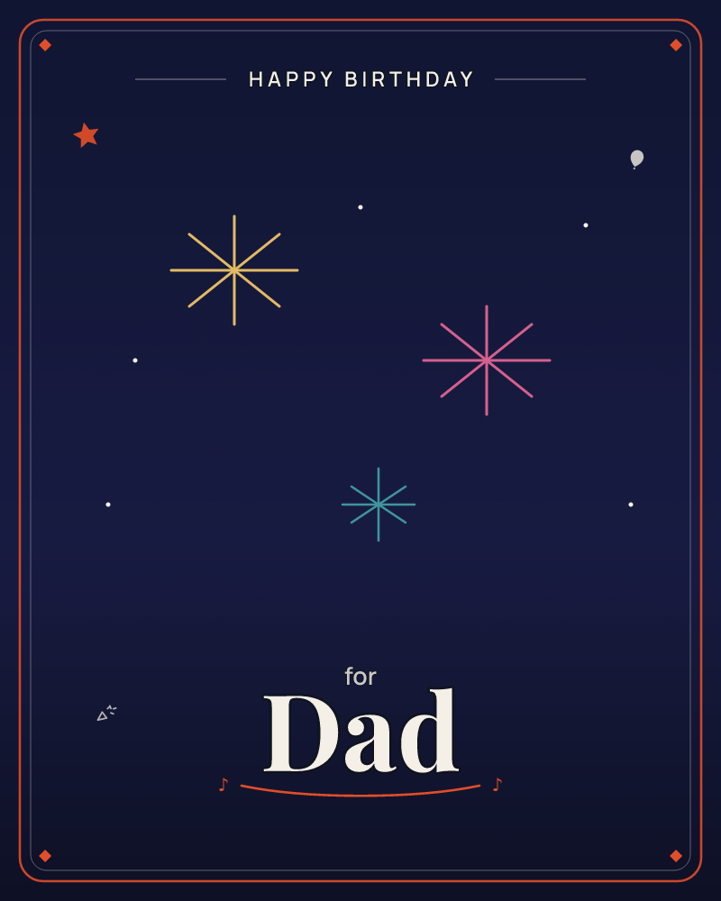 A deep midnight-blue sky holds three simple sparkle shapes drawn like starbursts, one gold, one pink, one teal, scattered among tiny white pinpoint stars, a birthday e-card design by @DittyCityTeam