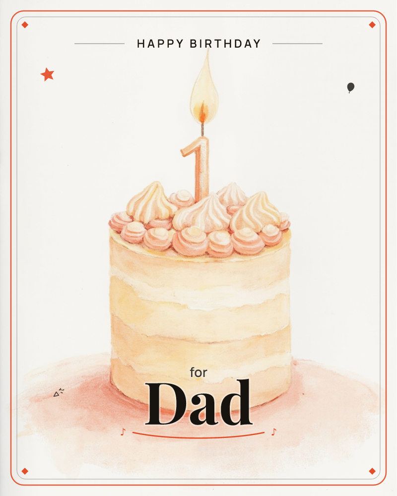 A single-tiered cake with a naked, softly striped icing side sits against a plain white background, topped with piped buttercream swirls and one lit…, a birthday e-card design
