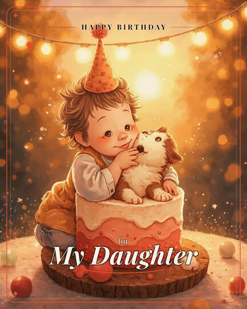 A child in a red party hat kneels close to a puppy perched on top of a two-tiered iced cake, the two touching noses under a string of glowing party lights, a birthday e-card design