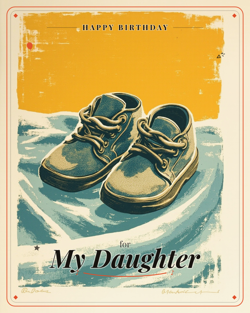 A linocut-style print shows a pair of small lace-up boots resting on a rumpled teal cloth, set against a bold mustard-yellow backdrop, a birthday e-card design