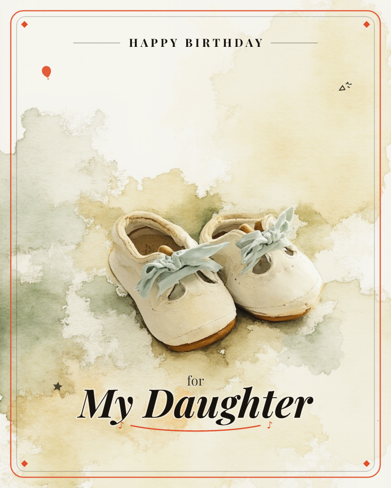 A small pair of cream leather baby shoes sits side by side, laces tied in soft blue bows, against a loose watercolour wash of sage, ochre and cream, a birthday e-card design