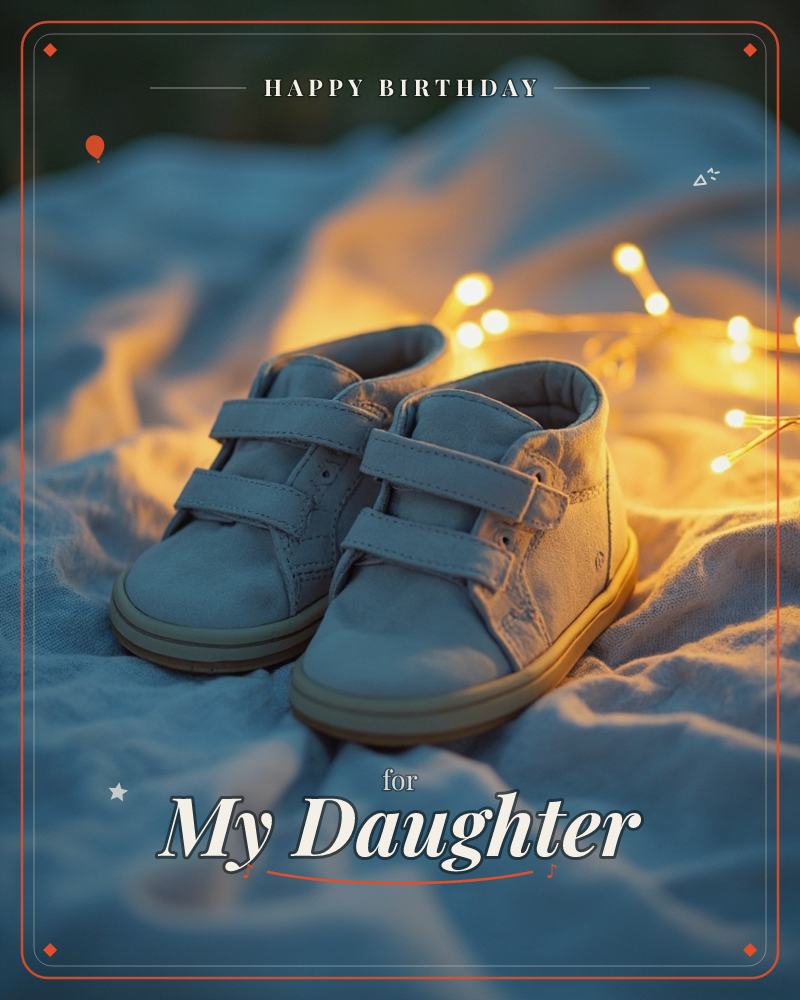 A tiny pair of pale grey toddler sneakers with velcro straps sits on a rumpled linen blanket, glowing warm from a string of fairy lights just behind them, a birthday e-card design