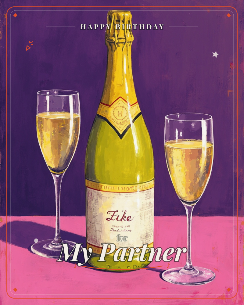 A bottle of champagne stands between two filled flutes on a hot pink tabletop, set against a deep purple background, a birthday e-card design