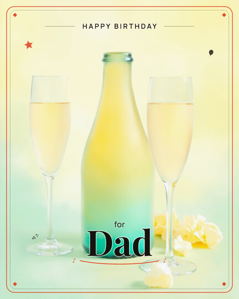 A softly gradient bottle in yellow and turquoise stands between two filled champagne flutes, with a few pale confetti-like scraps scattered at its base, a birthday e-card design