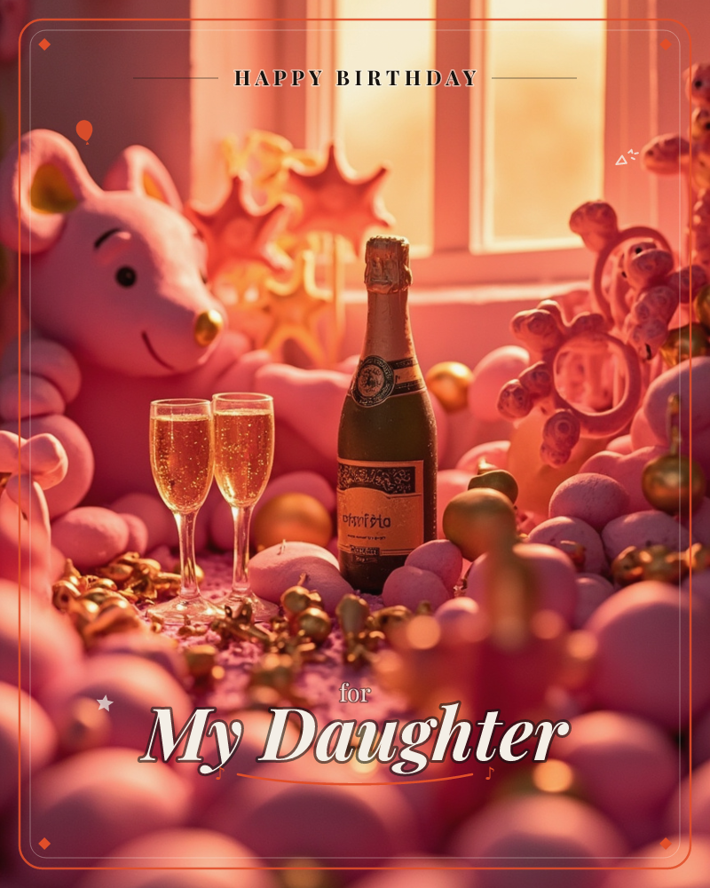 A fuzzy pink teddy bear peers out from a sea of pastel balloons and gold baubles, with a bottle of sparkling wine and two filled champagne flutes…, a birthday e-card design