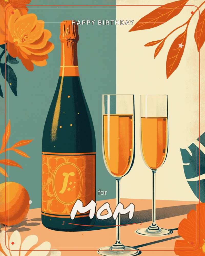 A dark bottle of sparkling wine with an orange label stands beside two filled champagne flutes on a peachy tabletop, set against a split teal and cream…, a birthday e-card design