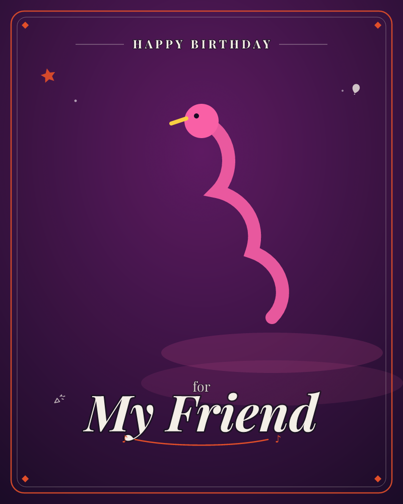 A single pink squiggle rears up like a curious little creature against a deep purple glow, its yellow beak tilted upward as if sniffing the air, a birthday e-card design by @DittyCityTeam