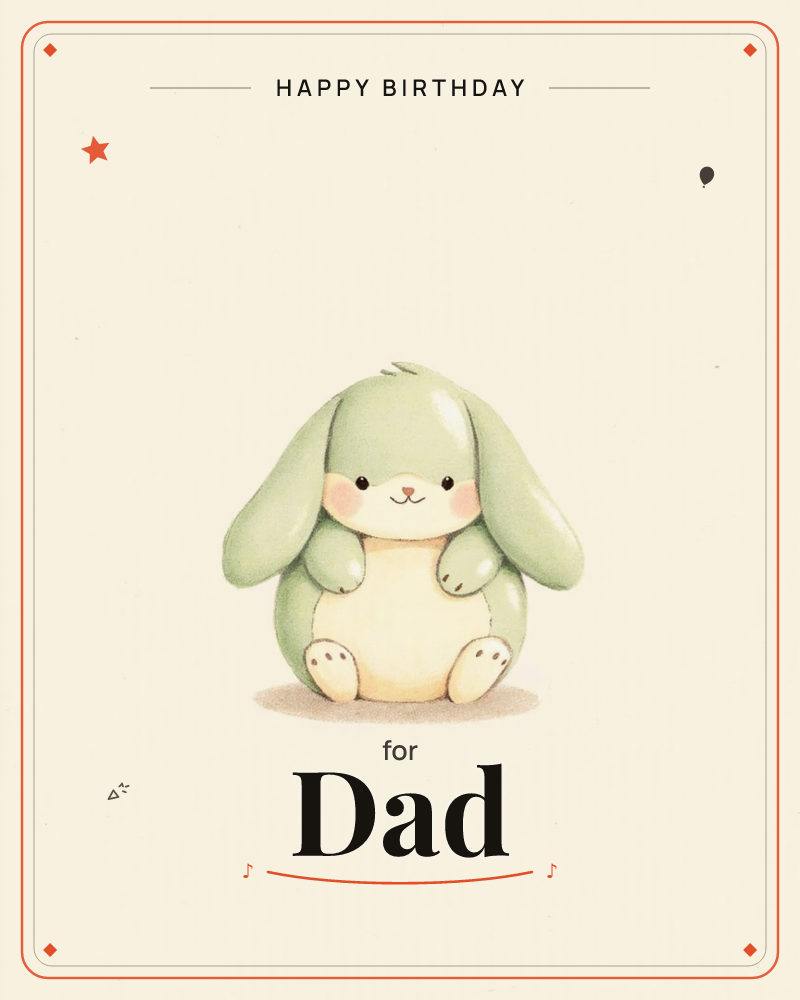 A round, sage-green bunny with long floppy ears sits alone on a soft cream background, its paws resting on a plump cream belly, a birthday e-card design
