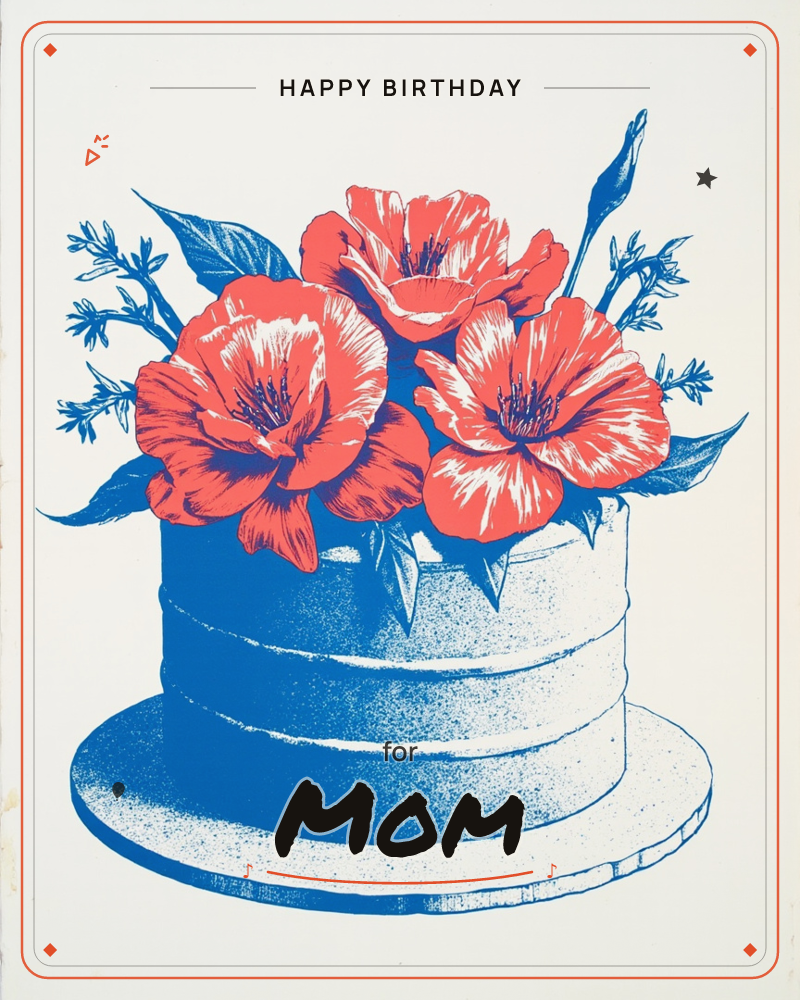 A tall round cake, rendered entirely in halftone blue, sits on a matching plate with a bold bouquet of red-orange poppies bursting from its top, a birthday e-card design
