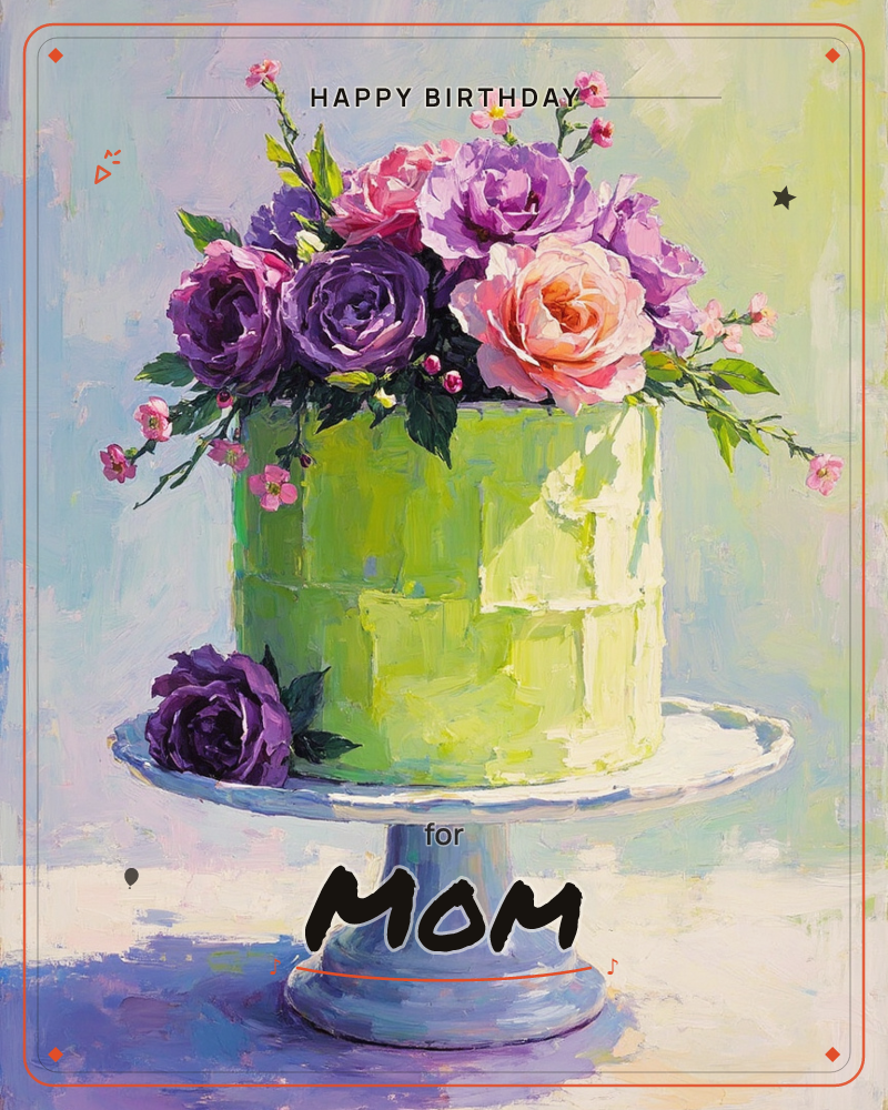 A single-tier green cake sits on a pale pedestal stand, its buttery frosting textured with loose, painterly strokes, a birthday e-card design