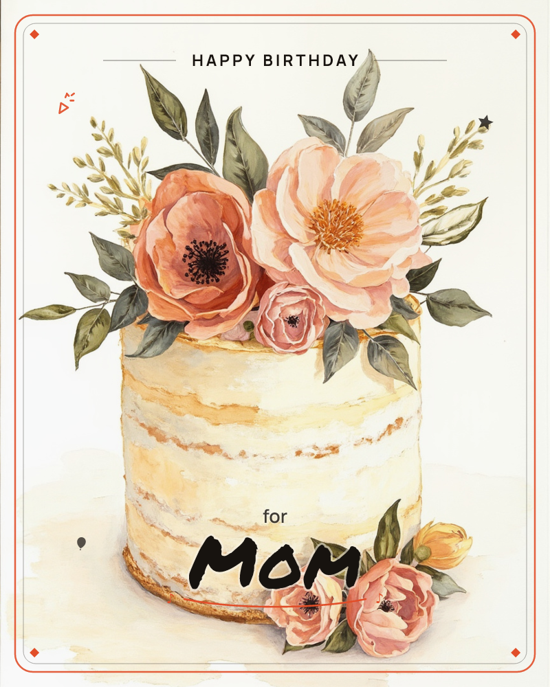 A single-tier naked cake, its cream frosting scraped thin to show golden layers beneath, sits topped with an abundant cluster of peach and coral…, a birthday e-card design