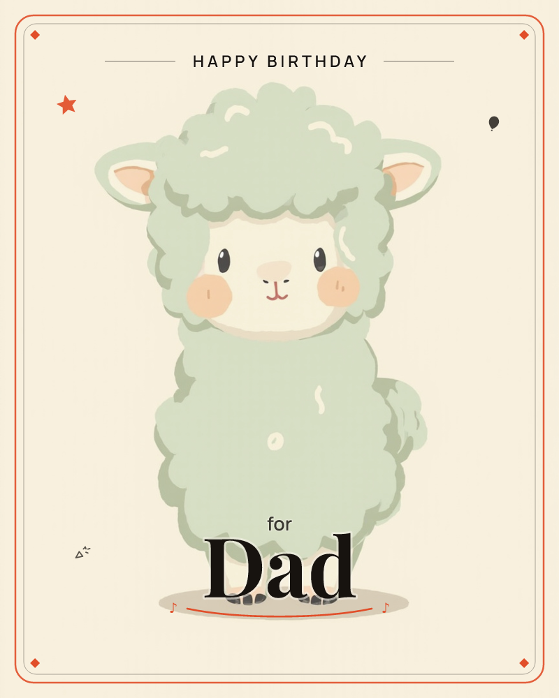 A round, fluffy sheep with sage-green wool stands front and centre against a plain warm cream background, its little black hooves planted apart and its…, a birthday e-card design