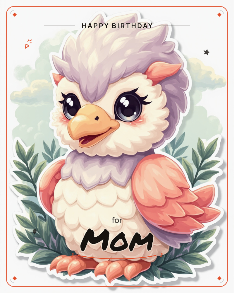 A fluffy cartoon owl-like bird with big sparkling eyes and lavender-tufted feathers sits proudly against soft clouds and green leaves, a birthday e-card design