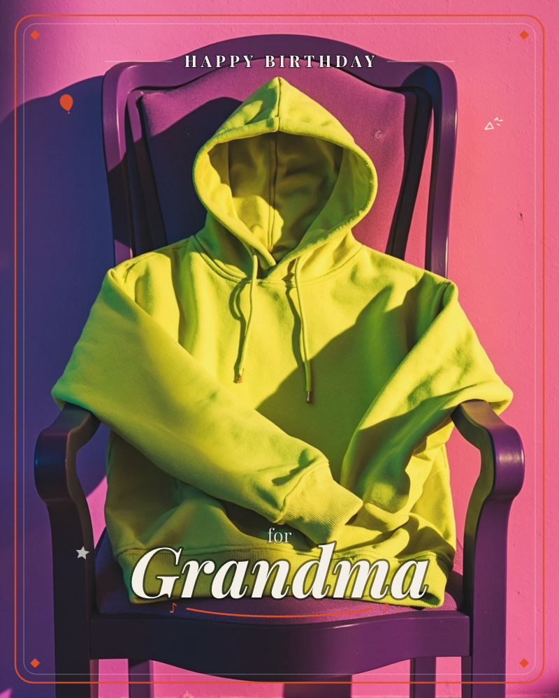 A neon-yellow hoodie sits draped over an ornate wooden armchair, its sleeves crossed and hood slumped forward as if someone just stepped out of it, a birthday e-card design