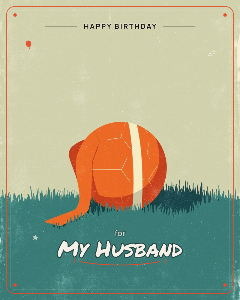 An orange football with a cream stripe sits deflated in tufts of teal-green grass, its long shadow trailing off to one side like a tail, a birthday e-card design