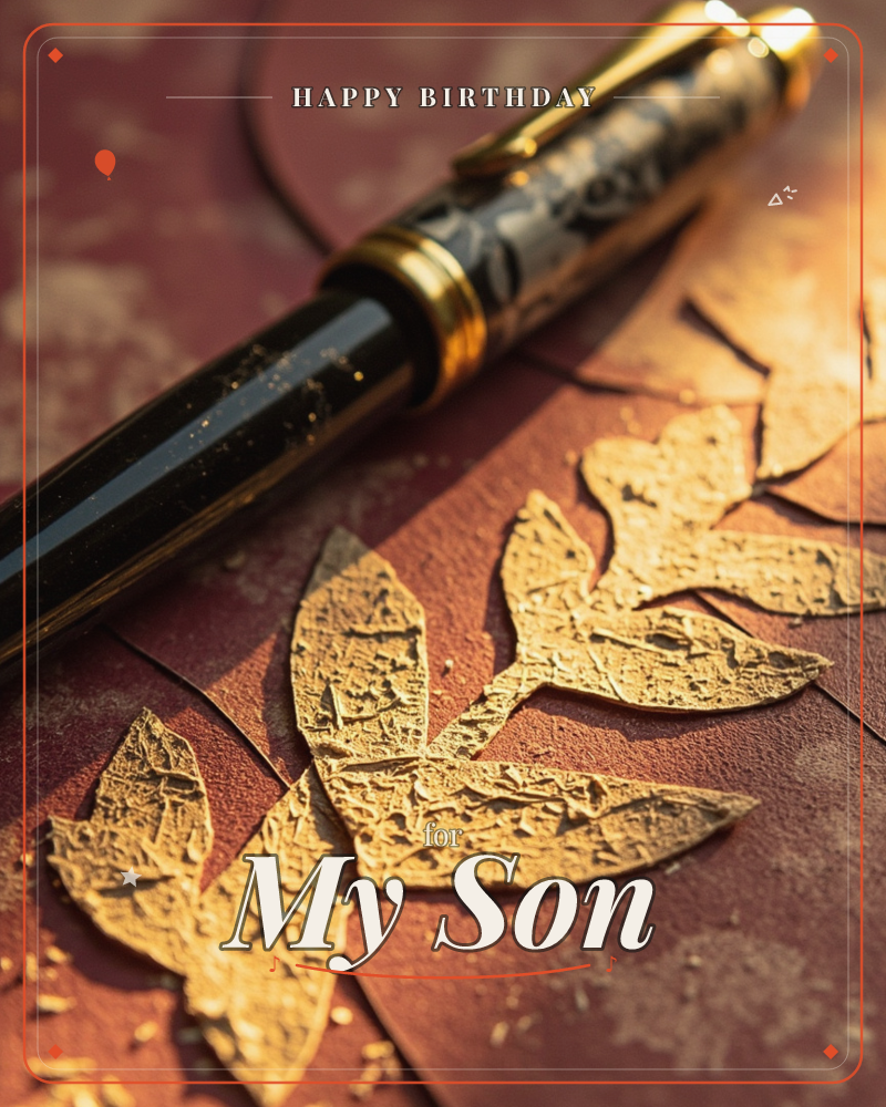 A black marbled fountain pen with gold trim rests diagonally across a textured burgundy surface, surrounded by cut-out gold leaf shapes with a rough…, a birthday e-card design