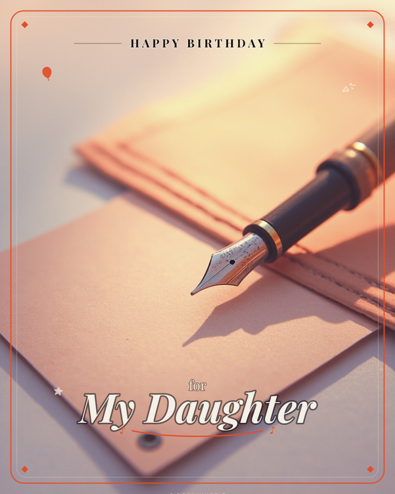 A close-up photograph shows a black fountain pen with gold trim resting on a stack of blush-pink notecards, its nib touching paper as if paused…, a birthday e-card design