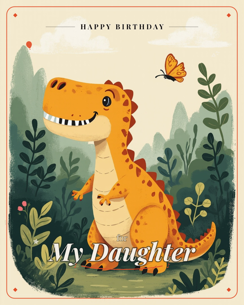 A cheerful orange T-Rex with a toothy grin stands among layered green foliage and hills, its clawed hands raised playfully as an orange butterfly…, a birthday e-card design