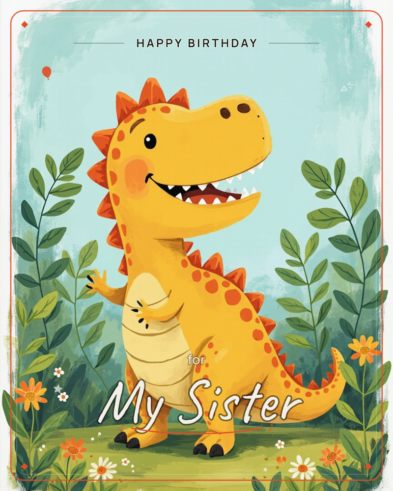 A cheerful yellow t-rex with orange spots and spiky ridges stands grinning in a leafy garden, waving one small arm, a birthday e-card design
