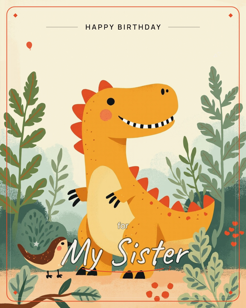 A cheerful orange dinosaur with a toothy grin and rosy cheeks stands among tall ferns and leafy foliage, its back dotted with coral spikes and freckled…, a birthday e-card design
