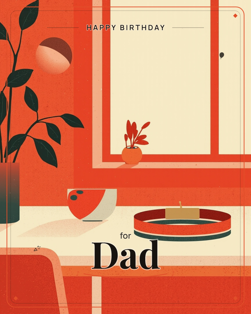 A warm interior in bold red and cream shows a windowsill corner with a tall leafy plant, a small orange pot with sprigs, a striped bowl holding olives…, a birthday e-card design