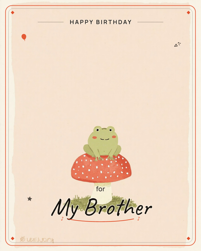 A round-cheeked green frog perches contentedly atop a red-and-white spotted toadstool, its little feet tucked beneath it on a small patch of grass, a birthday e-card design