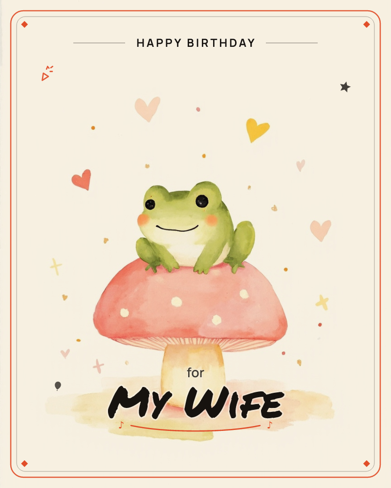 A round-cheeked green frog sits perched on top of a red-capped, white-spotted mushroom, smiling softly with pink blushed cheeks, a birthday e-card design