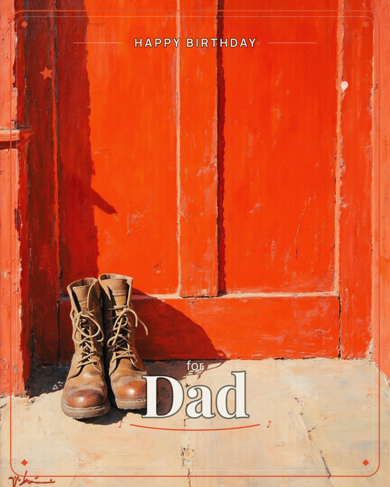 A worn pair of brown leather work boots sits laced and empty on a pale wooden porch floor, cast in strong sunlight against a weathered orange-red…, a birthday e-card design