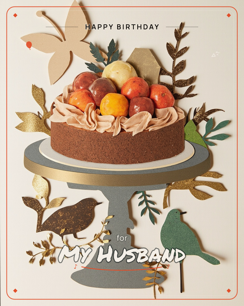 A layered paper-craft cake sits on a grey cake stand, its chocolate-brown base topped with piped rosettes of frosting and a heap of glossy fruit in…, a birthday e-card design