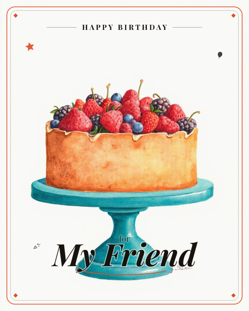 A round golden sponge cake sits on a turquoise pedestal stand, its top piled high with glossy strawberries, blackberries, blueberries, and cherries…, a birthday e-card design