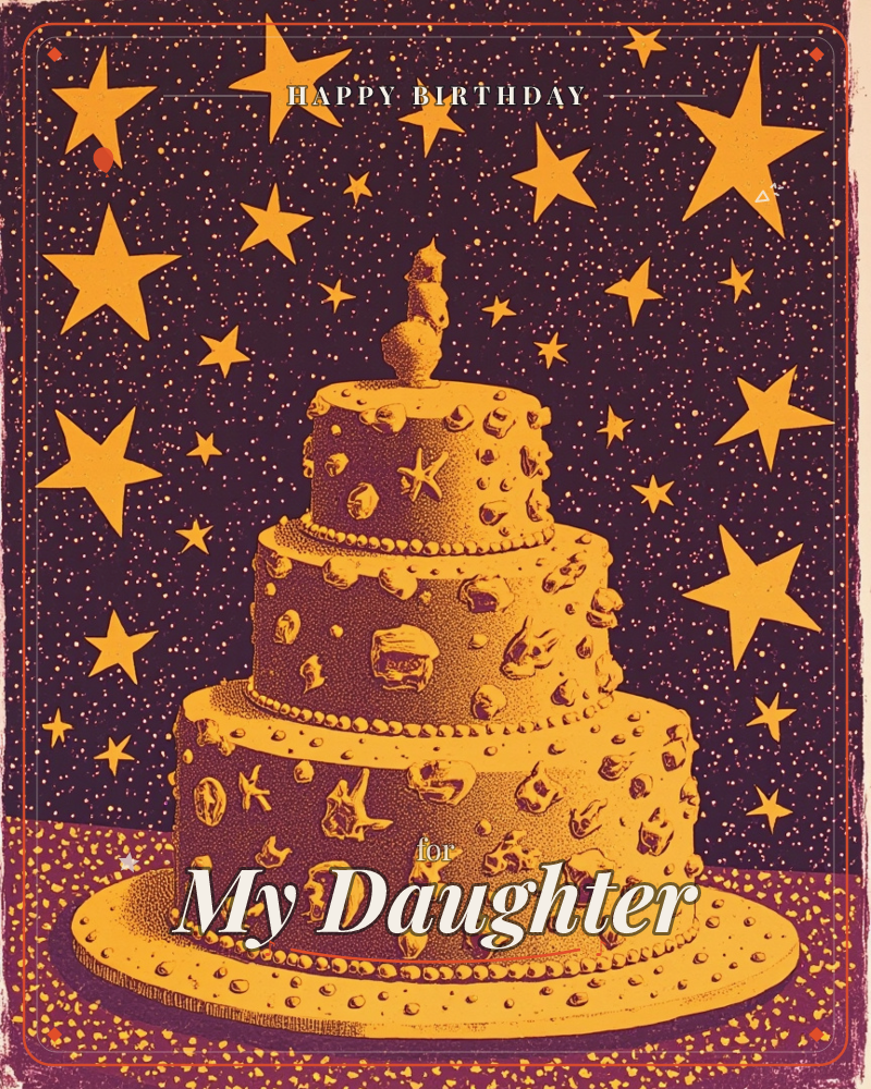 A three-tiered cake glows golden against a deep purple night sky scattered with bold five-pointed stars, a birthday e-card design